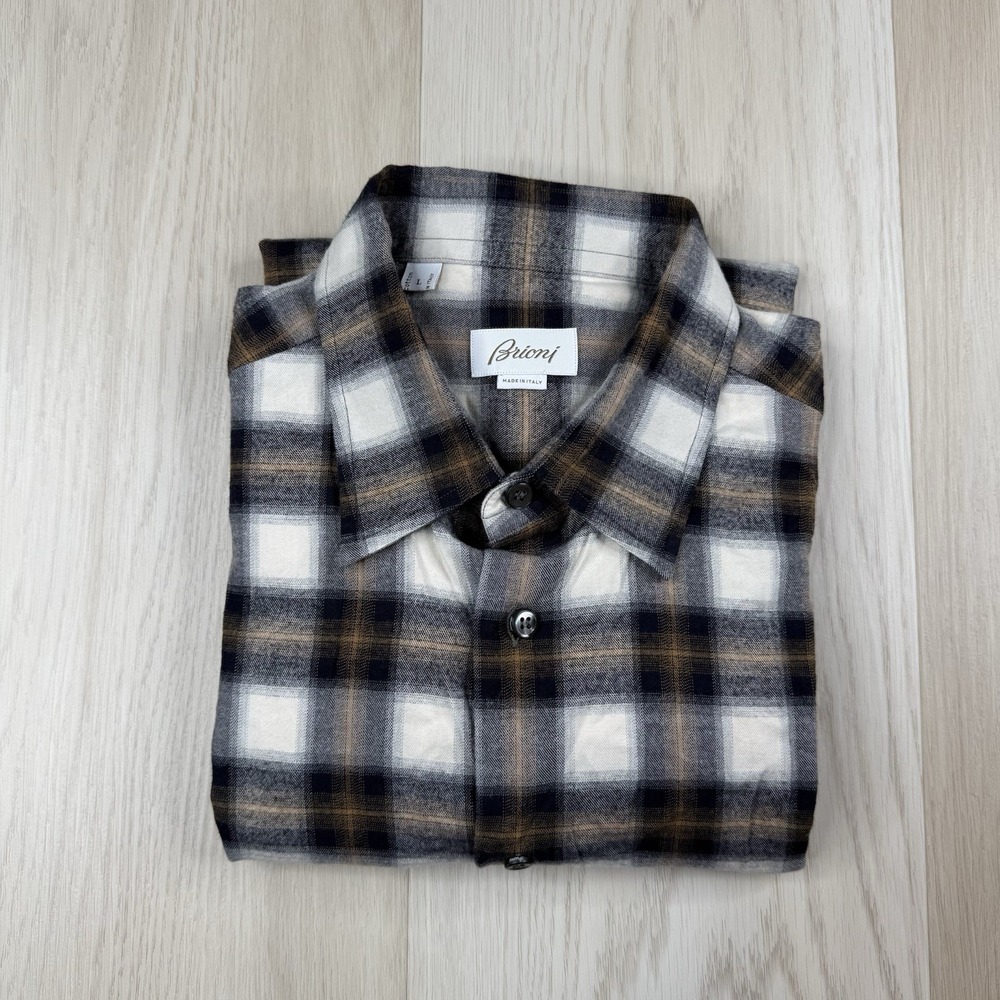 Brioni Soft Flannel Shirt Mens Large Brown Gray Plaid Long Sleeve Italy Luxury